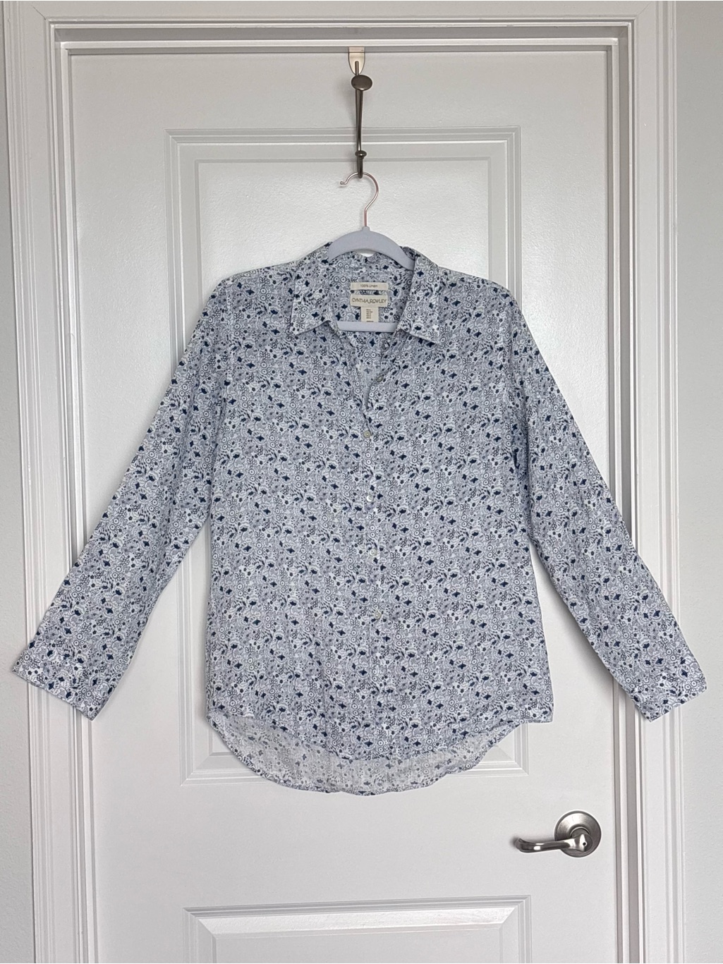 Cynthia Rowley 100% Linen Button Down Shirt Blue White Coastal Cottagecore S